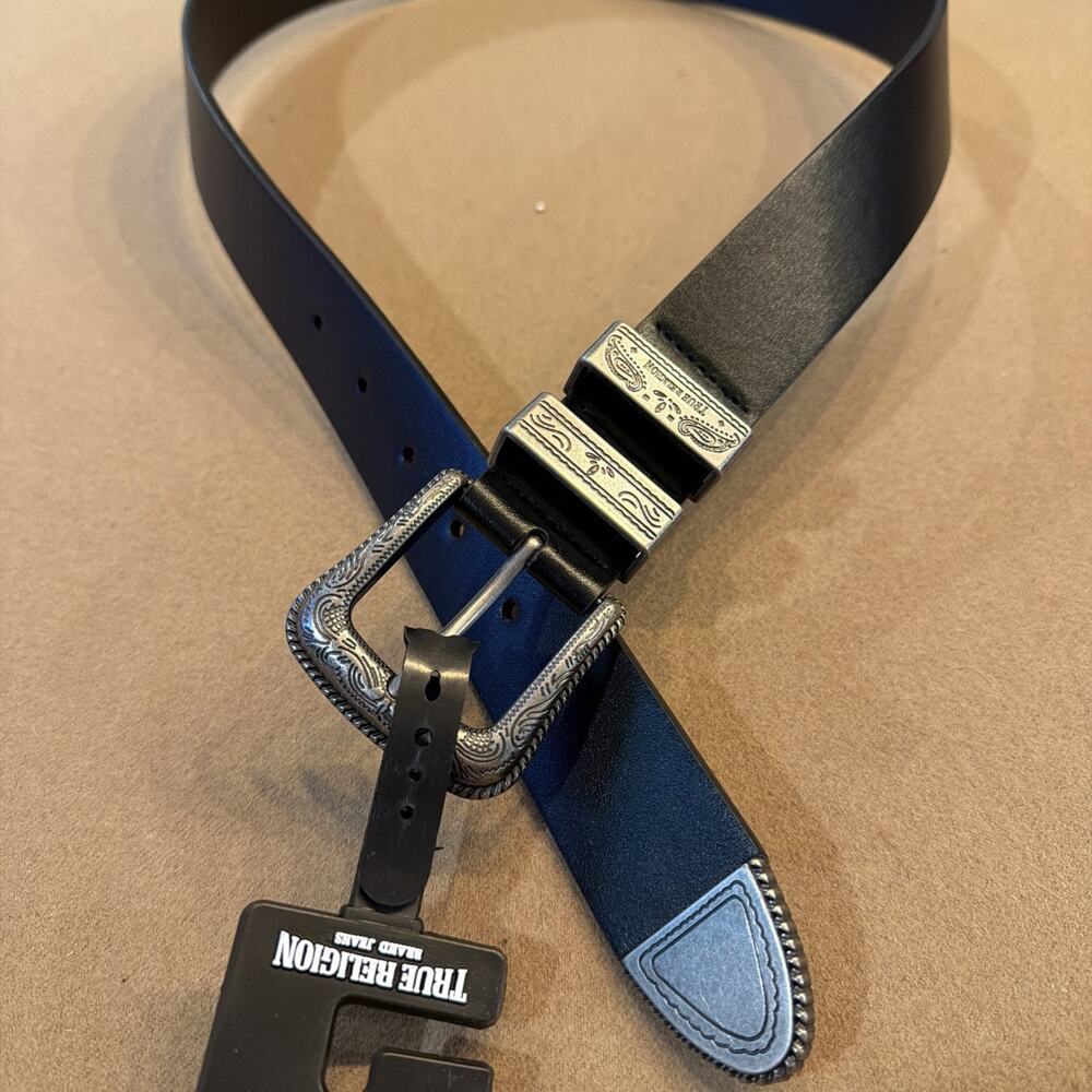 True Religion Mens Belt Palomo Western Theme Silver buckle 42